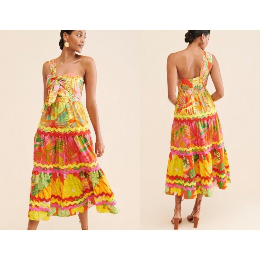 Farm Rio Mixed Red and Lime Prints Midi Dress Size XS NWT Sundress Colorful